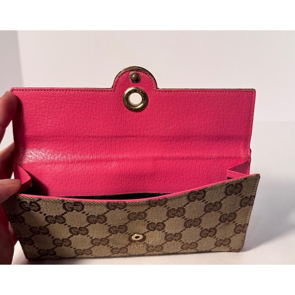 Gucci Eclipse long wallet tri fold w/ gold snap close brown canvas & pinkleather - Picture 2 of 14